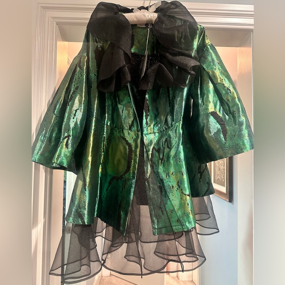 Women's Shimmering Emerald Green Dress Jacket with Black Organza Trim